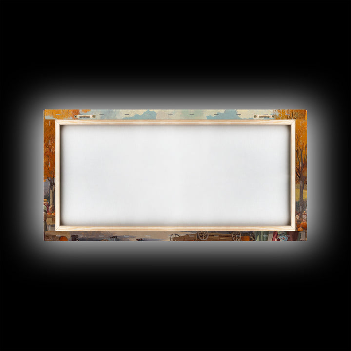 Autumn church harvest scene with pumpkins, farmhouse fall decor, canvas print, vintage fall wall art, seasonal decor