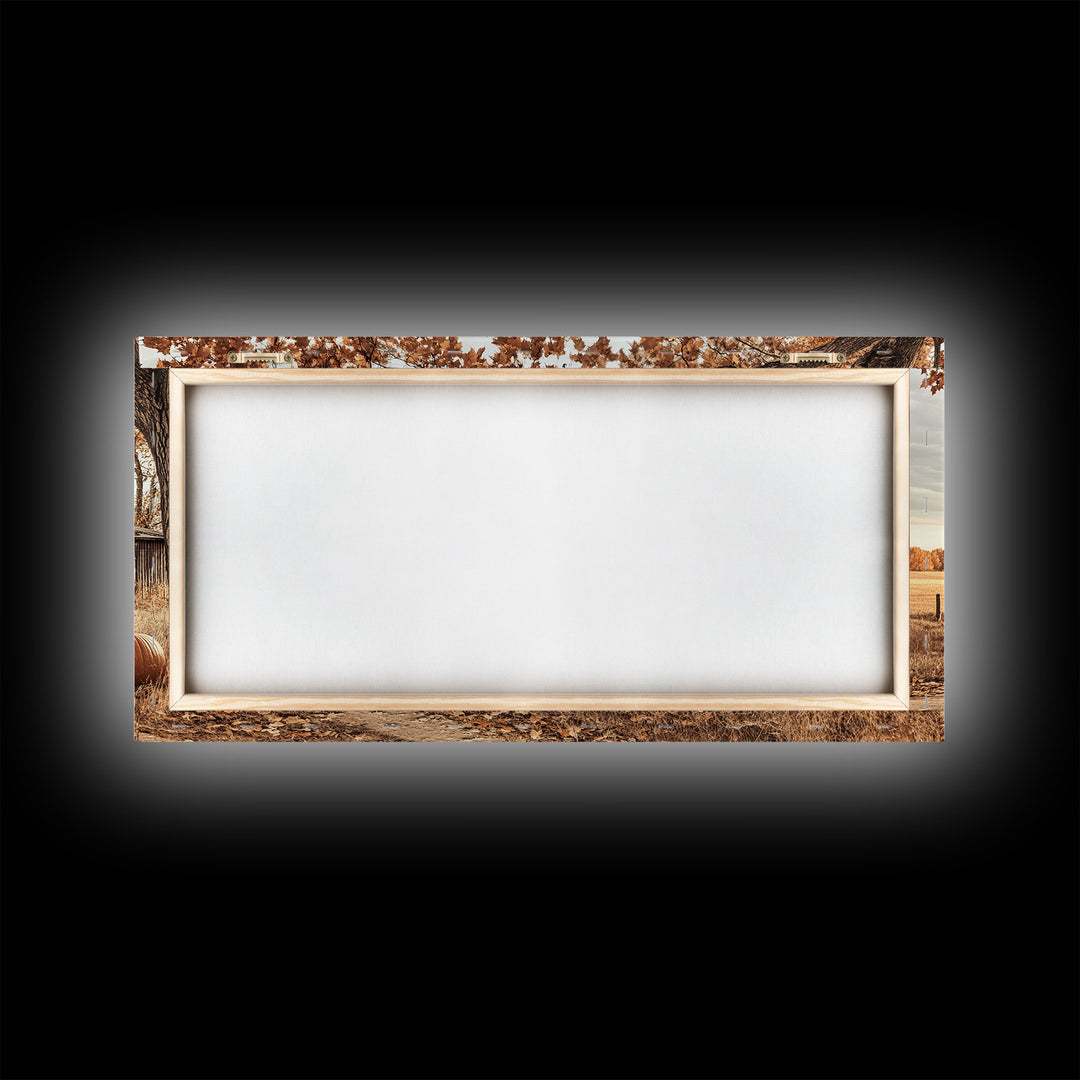 Farmhouse Autumn Decor Framed Canvas Print with Rustic Truck and Barn, Fall Country Art Wall Decor, Pumpkin Harvest Gift Idea Seasonal Decor