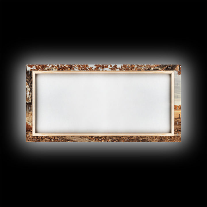 Farmhouse Autumn Decor Framed Canvas Print with Rustic Truck and Barn, Fall Country Art Wall Decor, Pumpkin Harvest Gift Idea Seasonal Decor