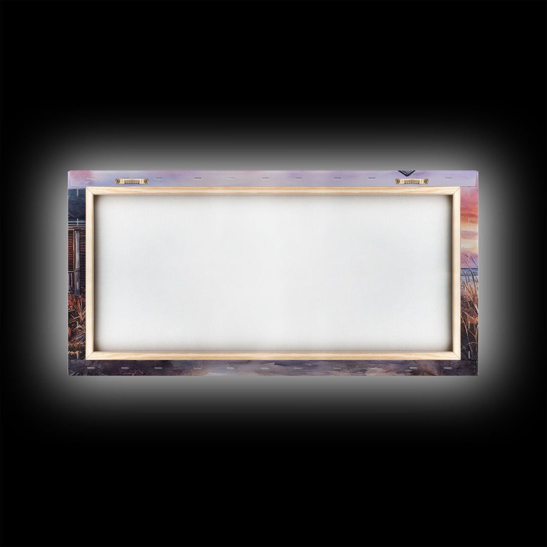 Rustic Beach Cottage Fall Scene Framed Canvas Print, Coastal Autumn Sunset Wall Art Ideal Autumn Gift, Seasonal Beach Decor