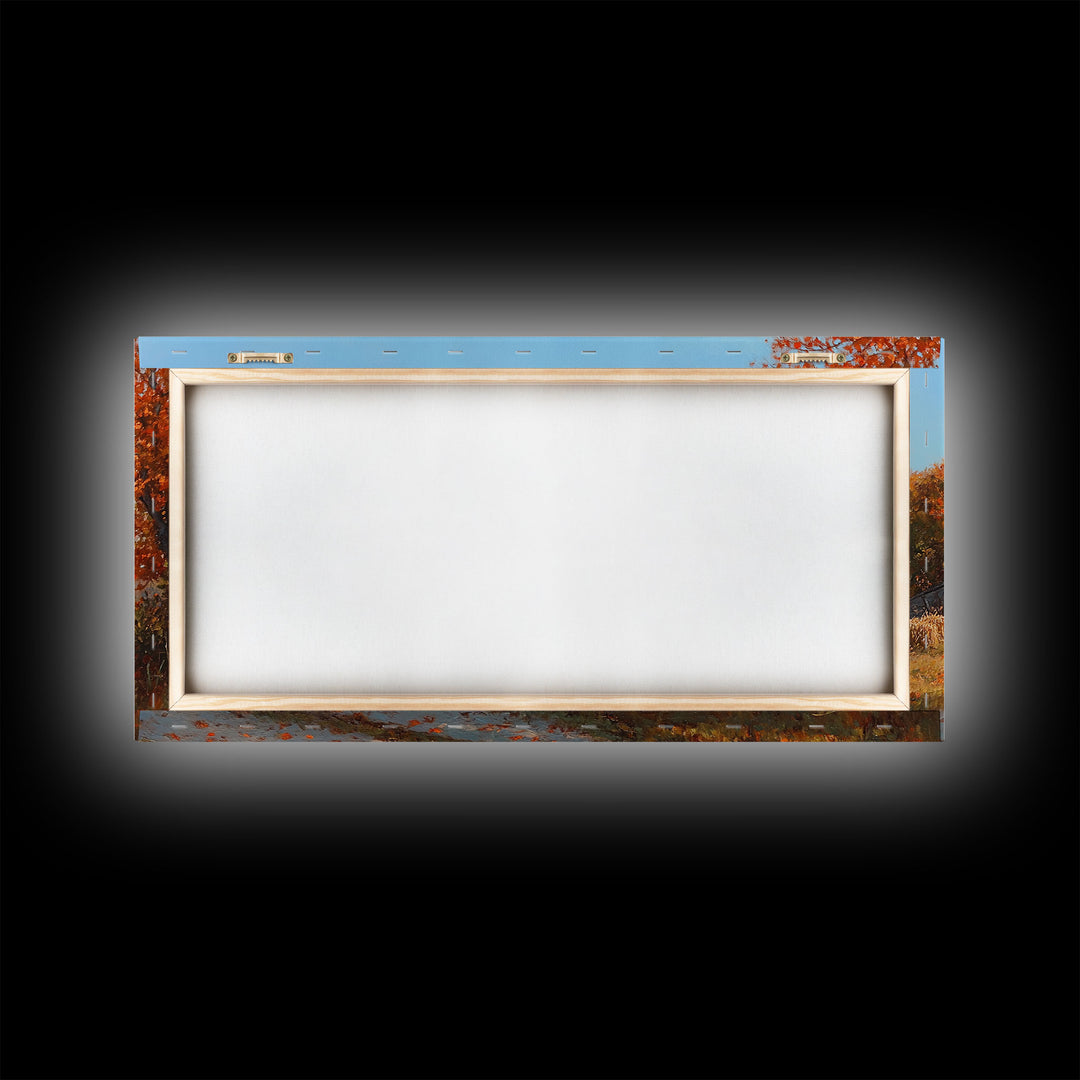 Rustic Barn with Pumpkins Framed Canvas Print, Cozy Fall Farmhouse Decor, Country Autumn Harvest Art, Seasonal Wall Art Gift Idea