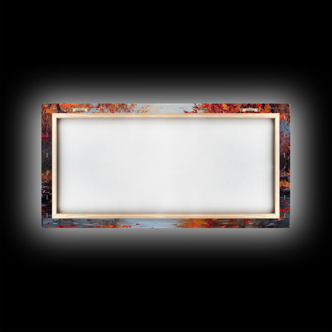 Autumn River Bridge Framed Canvas Print, Colorful Fall Landscape Wall Art, Cozy Seasonal Decor, Best Gift Idea for Farmhouse Wall Art