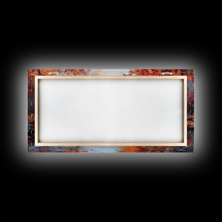 Autumn River Bridge Framed Canvas Print, Colorful Fall Landscape Wall Art, Cozy Seasonal Decor, Best Gift Idea for Farmhouse Wall Art