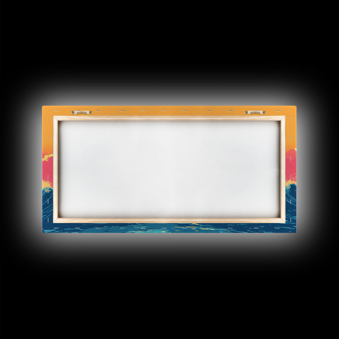 Retro Sunset Over The Ocean, Framed Canvas Print, Beautiful Synthwave Horizontal Wall Art