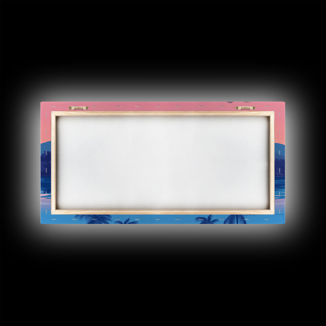 Abstract Vaporwave Sunset Over A Beach Landscape, Framed Canvas Print, Modern Art, Unique Wall Decor, Framed Canvas Art