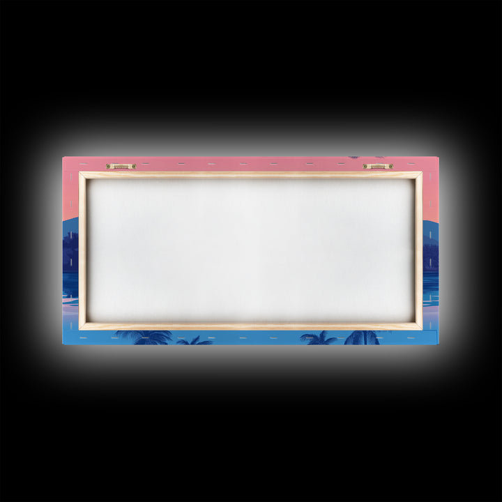 Abstract Vaporwave Sunset Over A Beach Landscape, Framed Canvas Print, Modern Art, Unique Wall Decor, Framed Canvas Art