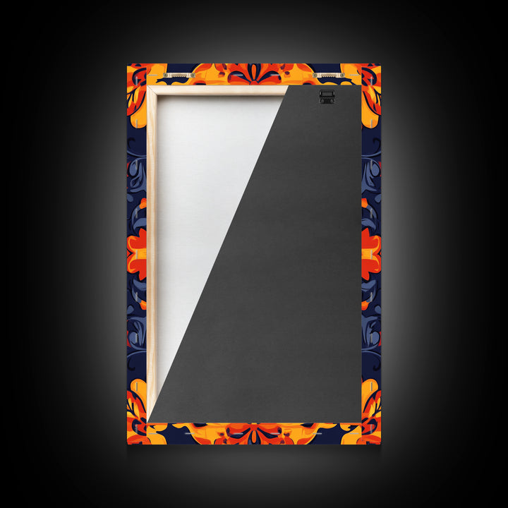 Botanical Pattern Wall Art Framed Canvas Print, Wood Framed Art, Mexicano Art, Mexican Tile Print Wall Art, Chicano Farmhouse Art