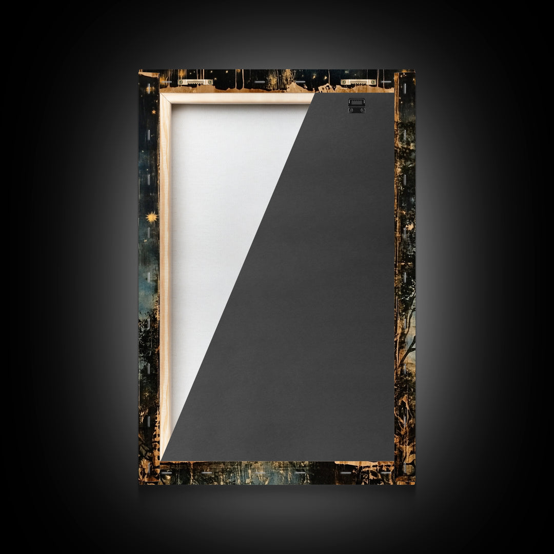 Crescent Moon in Starry Night Sky, Folk Art Framed Canvas Print, Boho Eclectic Decor, Minimalist Witchy Wall Art, Moody Decor