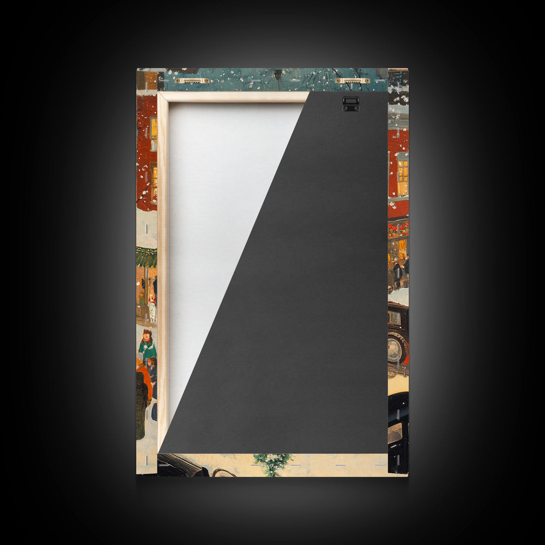 Christmas Village Home Decor - Framed Canvas Print - Retro Christmas Village Painting - Christmas Shoppers Painting - Retro Christmas Decor