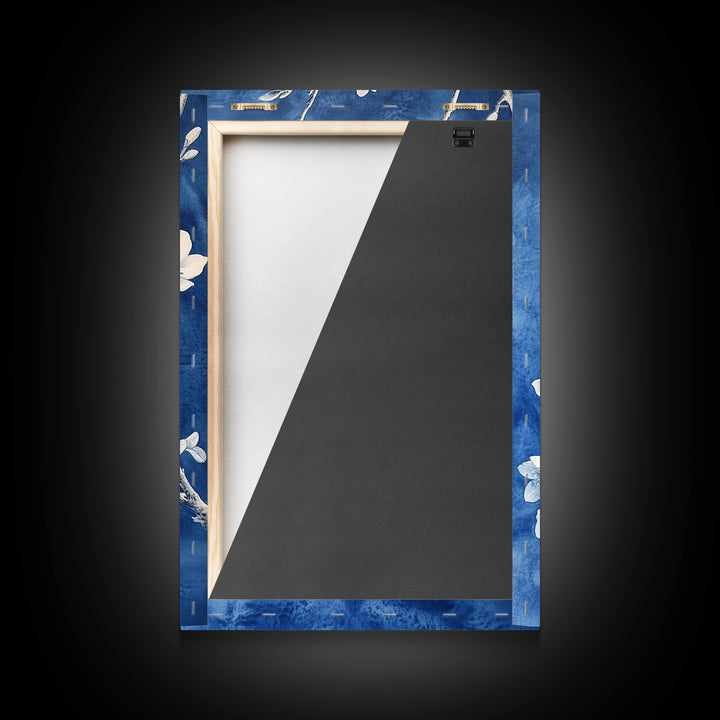 Blue Botanial Wall Art Chinoiserie Wall Art, White Bird, Blue Chinoiserie Home Decor, Botanical Print, Bird Painting, Framed Canvas Print