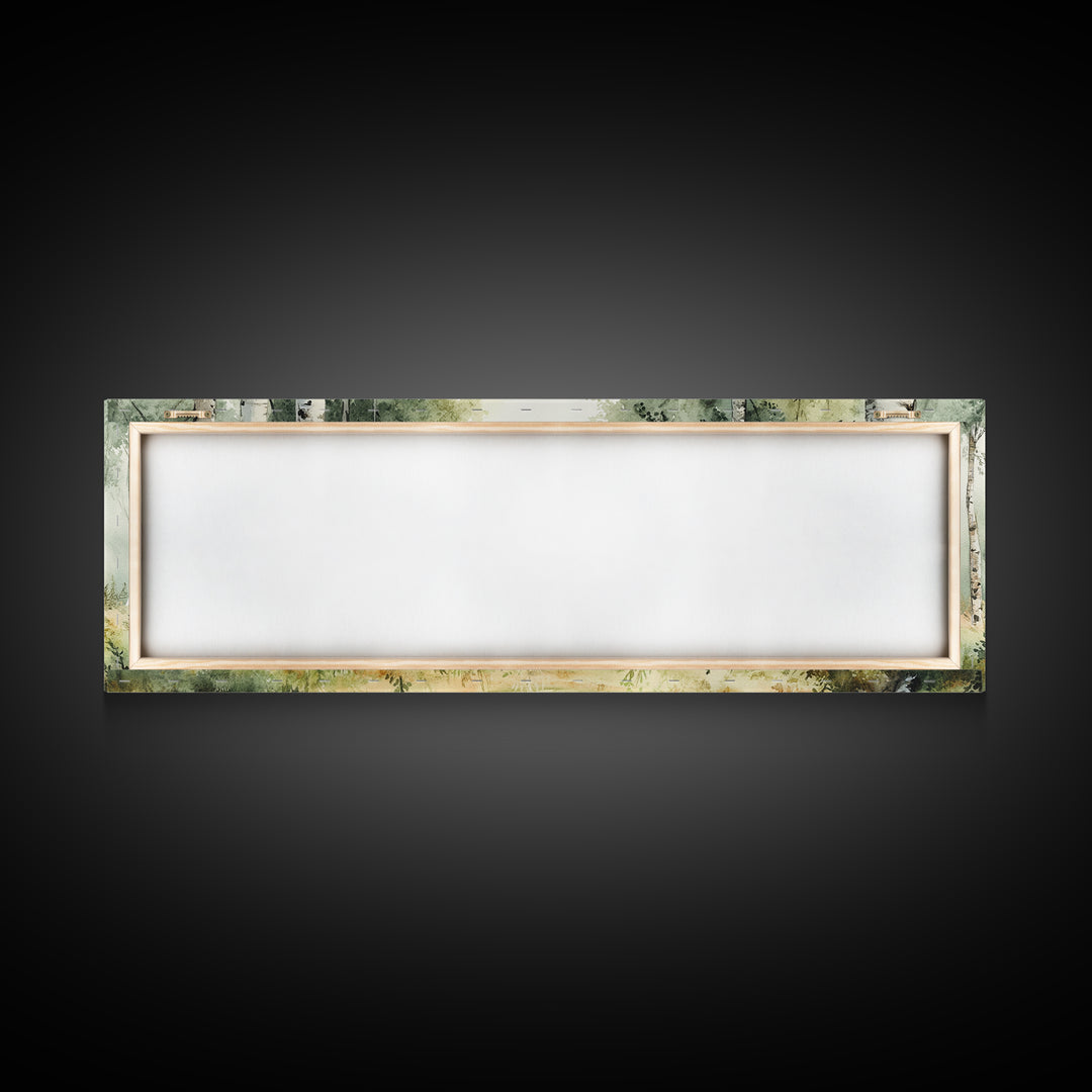 Silver Birch Trees in Spring Panoramic Canvas Print, Panoramic Painting, Aspen Trees Painting, Forest Landscape Horizontal Wall Art