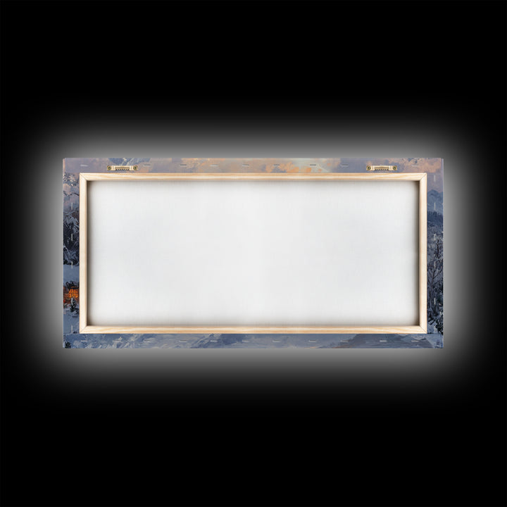 Christmas Mountain Village Oil Painting Print, Framed Canvas, Retro Christmas, Christmas Mountain Landscape Painting, Christmas Art