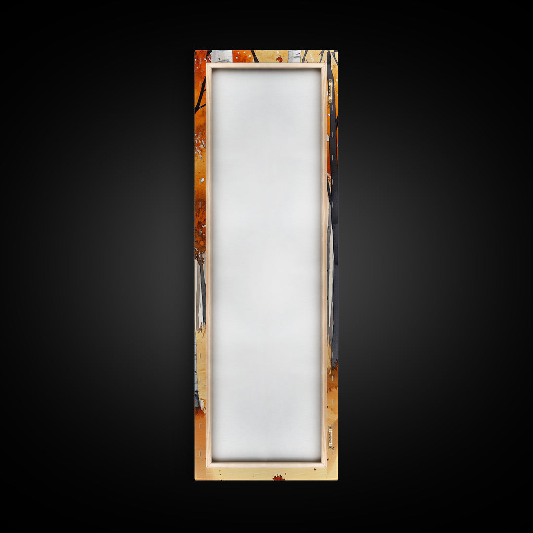 Autumn Birch Trees Framed Canvas Print – Rustic Decor, Tall Narrow Art, Cozy Fall Vibes, Birch Tree Art, Living Room Art, Above Bed Wall Art