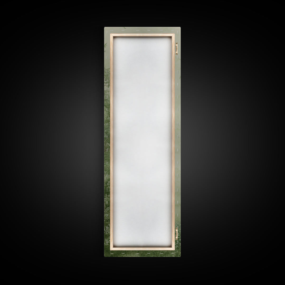 Misty Green Botanical Scene - Framed Canvas Print Showcasing Wabi Sabi Art Style with Tranquil Tree Landscape