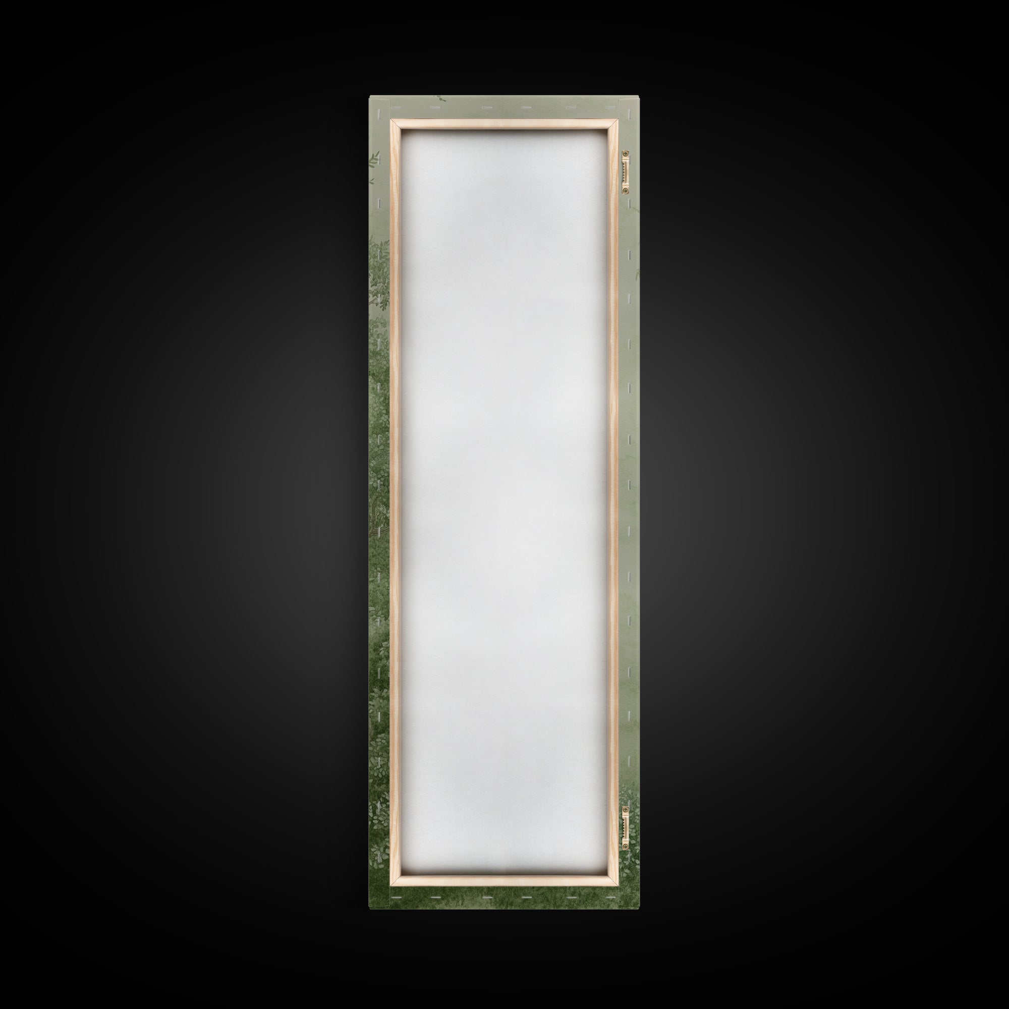 Misty Green Botanical Scene - Framed Canvas Print Showcasing Wabi Sabi Art Style with Tranquil Tree Landscape