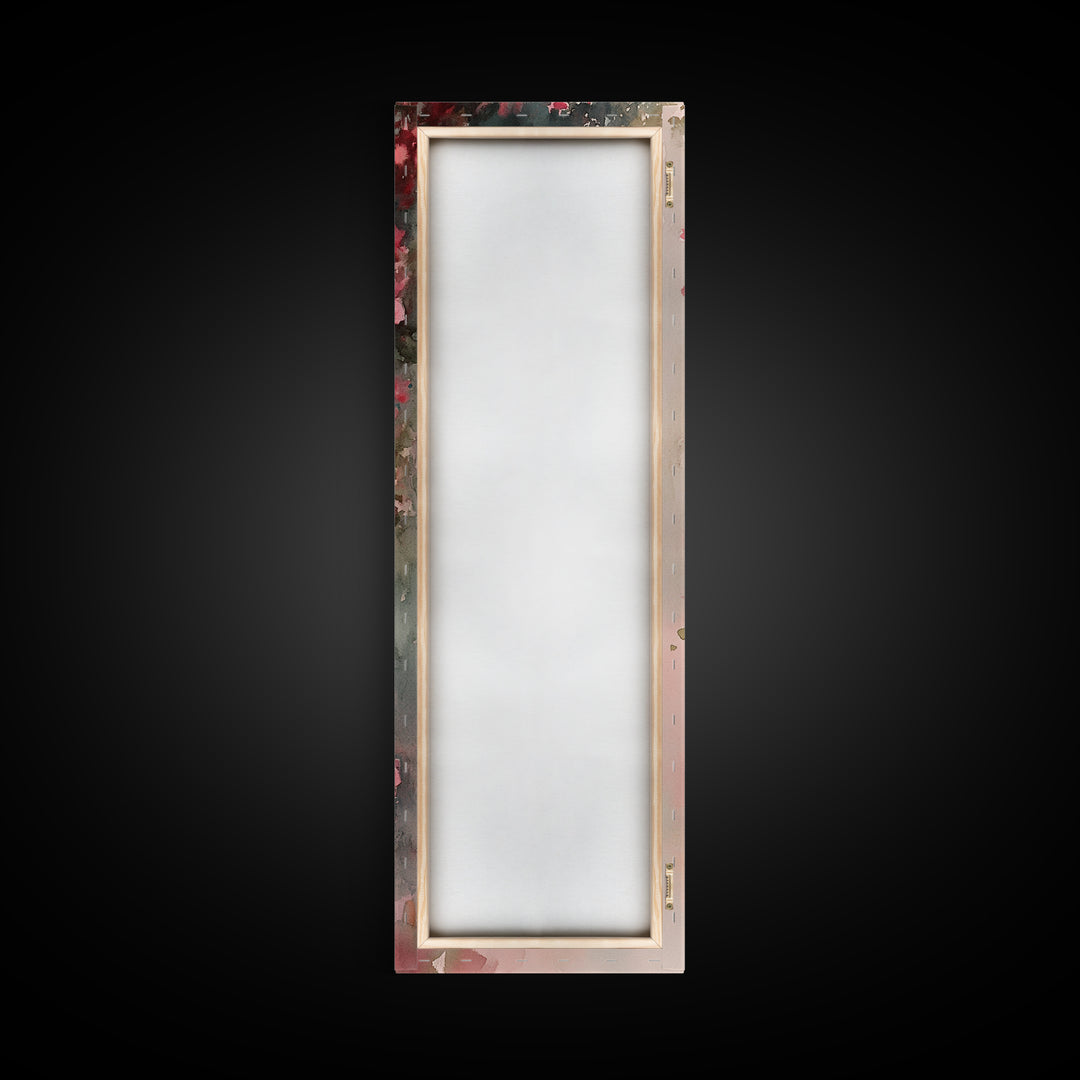 Lantern Glow Canvas Print, whimsical Moroccan wall art with light pink tones and floral accents, tall skinny vertical wall art piece.