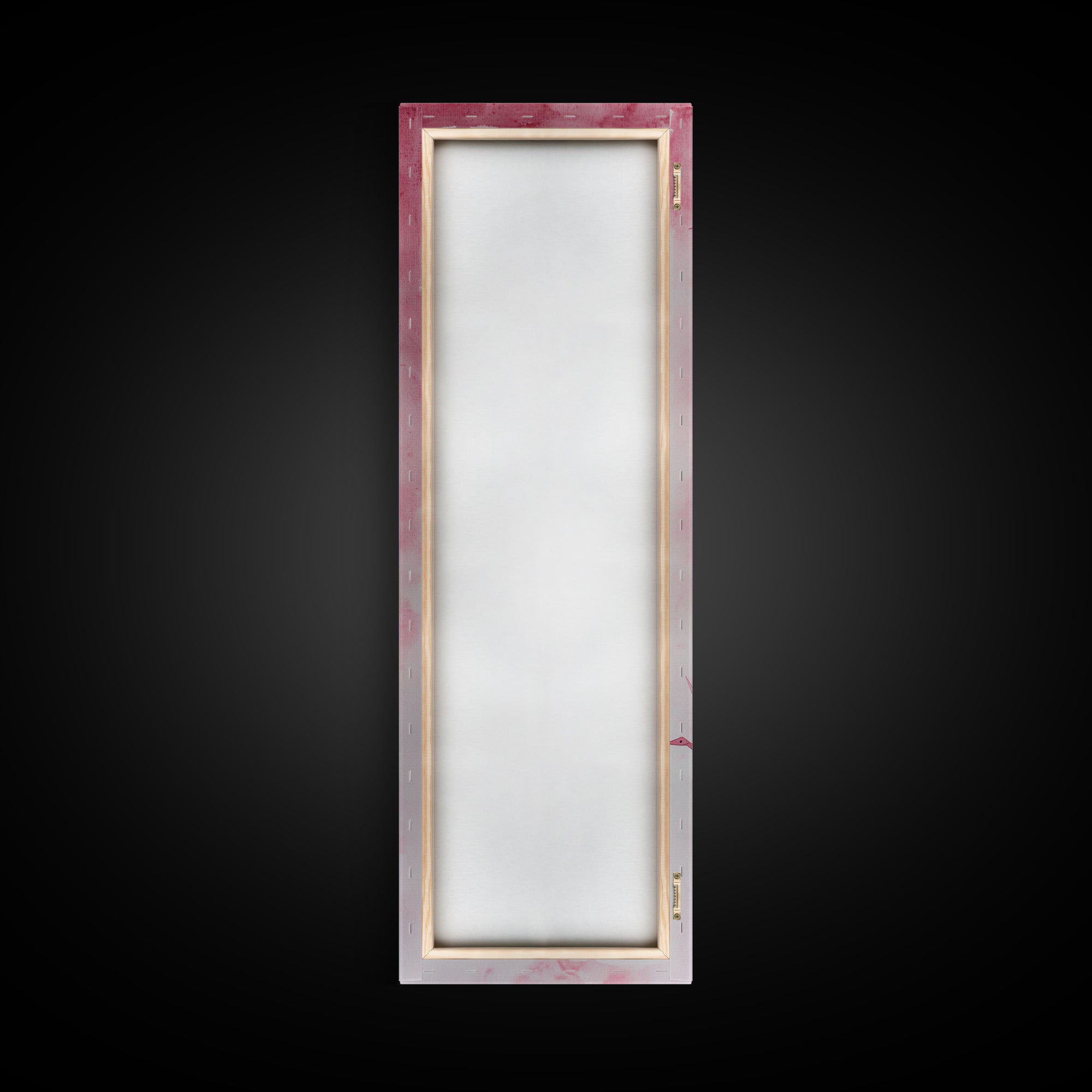 Crane Flight Canvas Print, ethereal origami bird painting in pink abstract hues, tall narrow wall art with zen minimalist aesthetic.