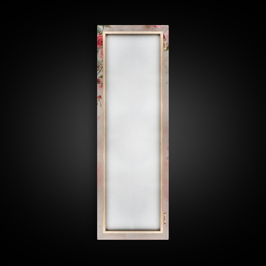 Rose Lantern Canvas Print, romantic floral and hanging lanterns painting with soft pink tones, whimsical boho wall art for bedroom decor.