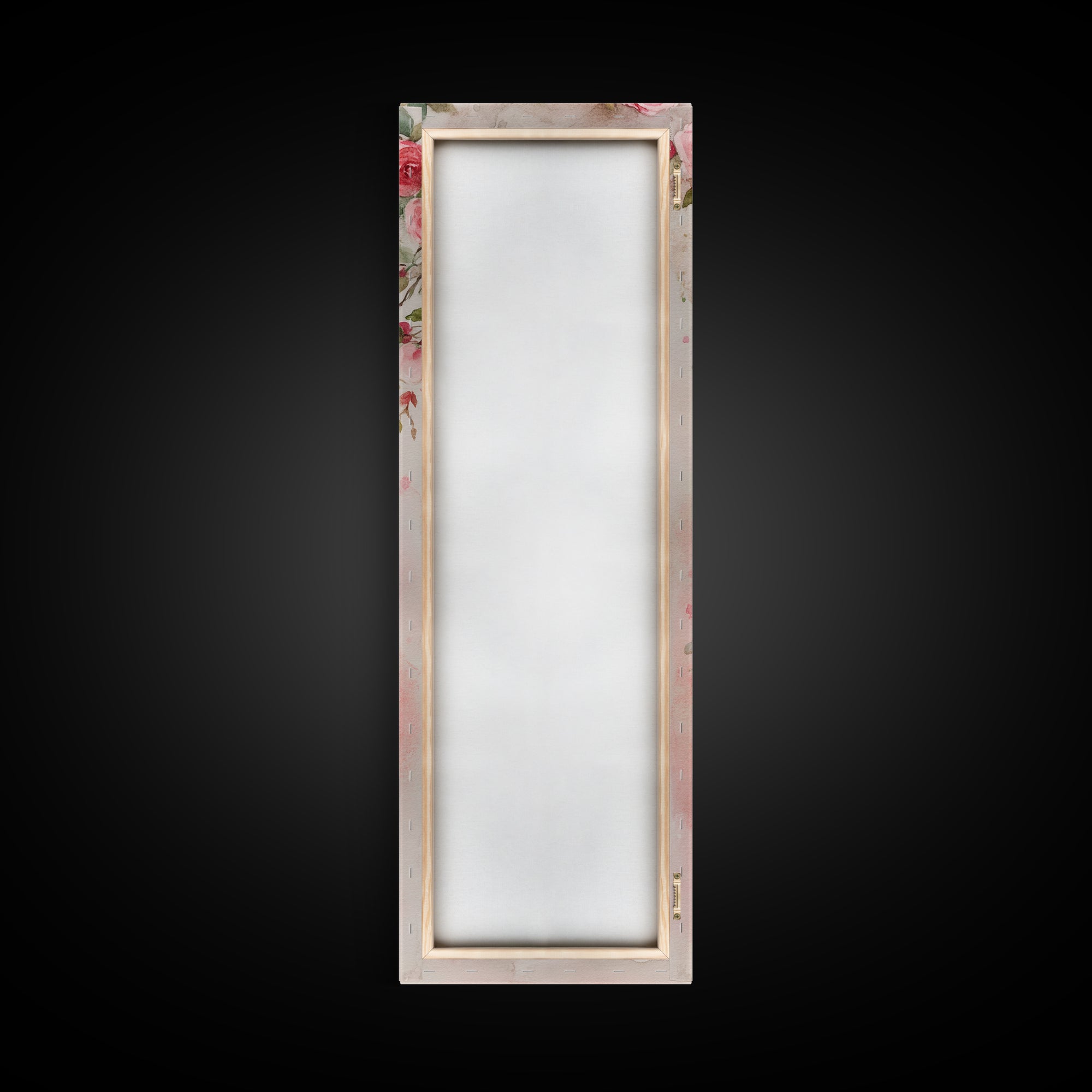 Rose Lantern Canvas Print, romantic floral and hanging lanterns painting with soft pink tones, whimsical boho wall art for bedroom decor.