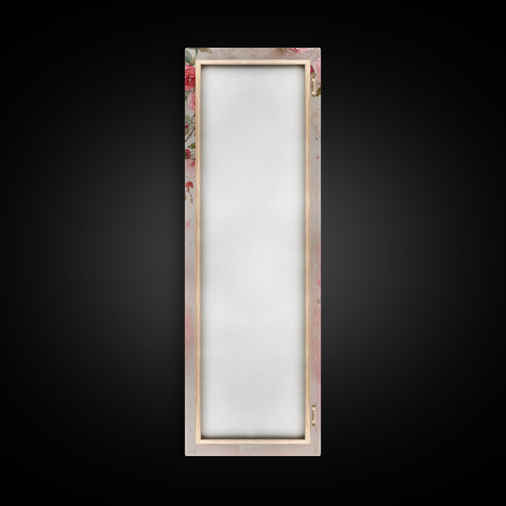 Rose Lantern Canvas Print, romantic floral and hanging lanterns painting with soft pink tones, whimsical boho wall art for bedroom decor.