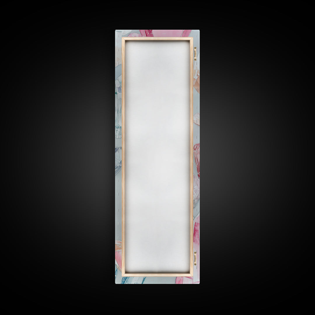 Gemstone Watercolor Painting Framed Canvas Print, Whimsical Pink Abstract Wall Art, Geometric Skinny Vertical Bedroom Art