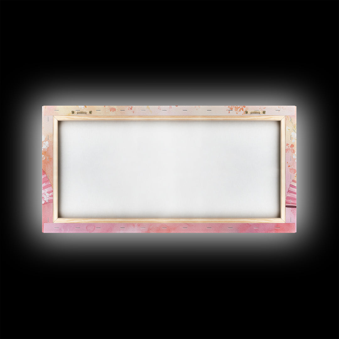 Cherry Blossom Fan Canvas Print Japanese Inspired Art Framed Pink Orange Wall Art Long Narrow Skinny Bedroom Rustic Spring Decor