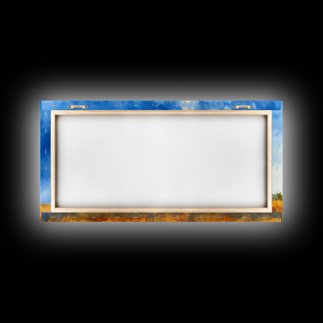 Bright Blue Sky Windmill Framed Canvas Print Rustic Farmhouse Art Horizontal Artwork Ideal Above Sofa Unique Living Room Wall Decor