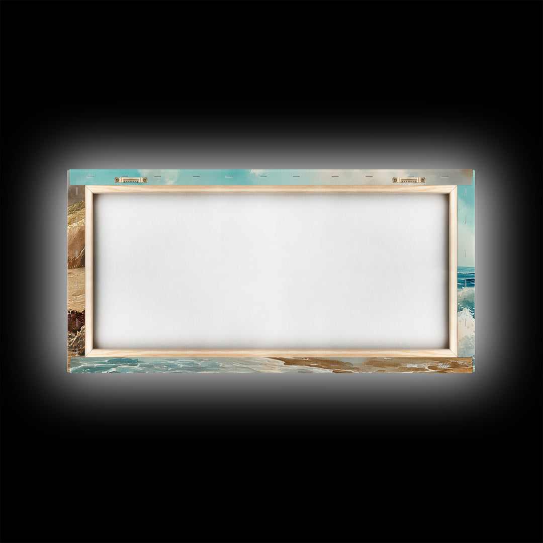 Coastal Landscape Canvas Print with Ocean Waves and Misty Cliffs, Nautical Wall Art Gift Idea, Coastal Decor Beach Painting