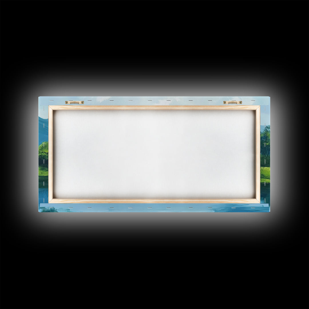 Blue Landscape Framed Canvas Print, Smoky Mountain Art Above Sofa Decor, Coastal Painting Gift Idea Living Room Horizontal Wall Art