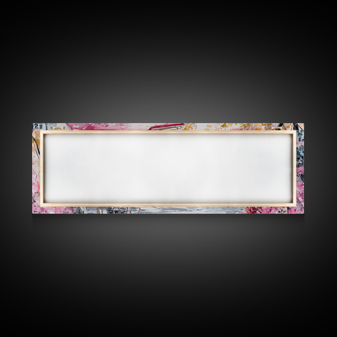 Parisian Cafe Cherry Blossom Painting Framed Canvas Print Extra Wide Art Horizontal Wall Art Rustic Above Sofa Decor