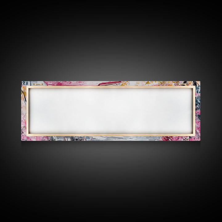 Parisian Cafe Cherry Blossom Painting Framed Canvas Print Extra Wide Art Horizontal Wall Art Rustic Above Sofa Decor