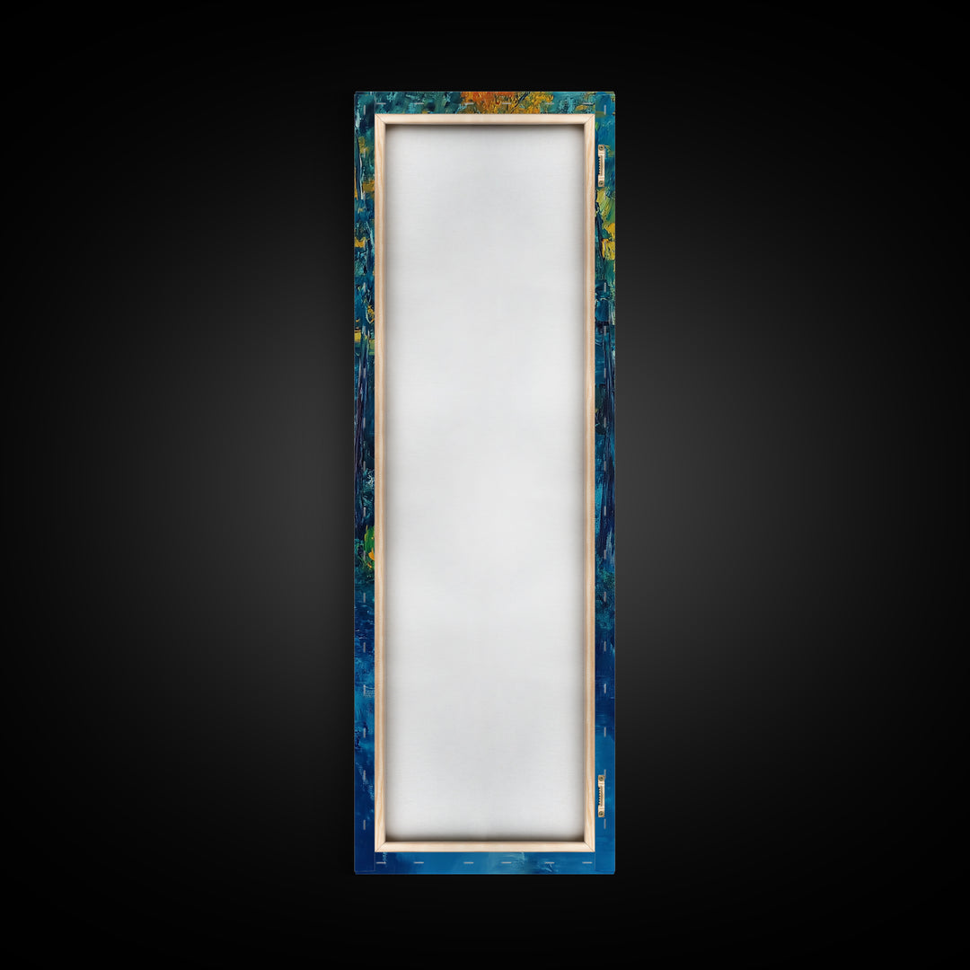 Autumn Reflection, fall painting, birch tree art, mountain painting, rustic wall art, panoramic art, Framed Canvas Print