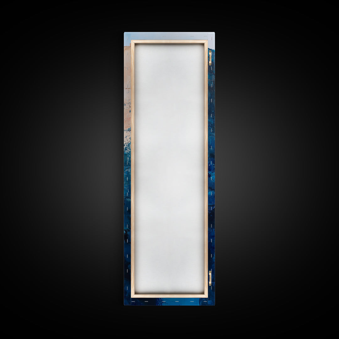 Canyon River View, landscape painting, blue and green wall art, nature lover gift, wabi sabi art, framed canvas print, vertical wall art