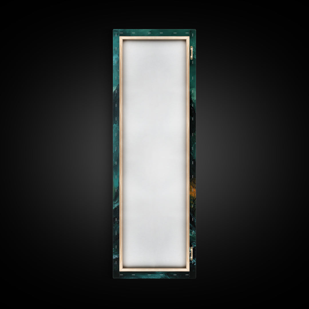 Dark Moody Landscape, Mountain Painting, Forest at Dusk Painting, Framed Canvas Print, Rustic Wall Art, Vertical Wall Art