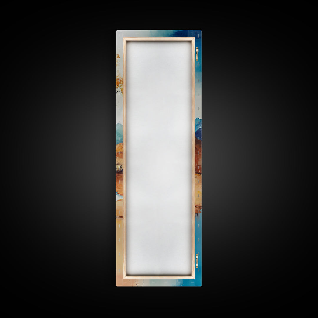 Autumn Reflections, landscape painting, birch tree art, above bed wall art, rustic wall art, framed canvas print, tall narrow art