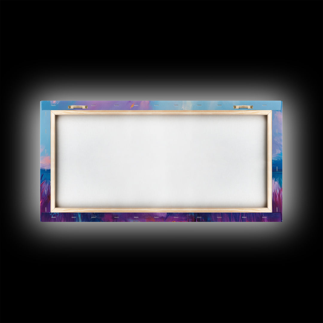 Bonfire at Sunset, Coastal Wall Art, Pink Orange Wall Art, Extra Wide Art, Horizontal Wall Art, Framed Canvas Print, Moody Art