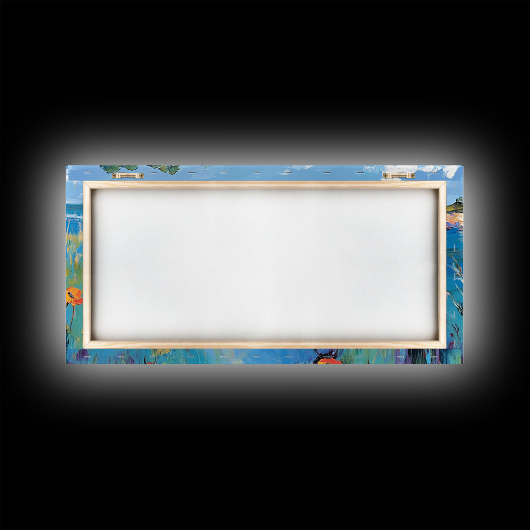 Coastal Poppies, Framed Canvas Print, California poppy art, coastal painting, wildflower painting, seascape art, above bed wall art