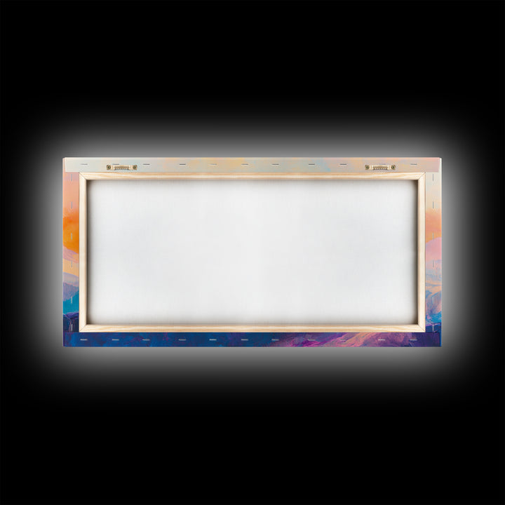 Blue Mountain, Sunset Landscape, Panoramic Art, Canvas Print, Mountain Painting, Pink Orange Wall Art, Extra Wide Art, Living Room Art