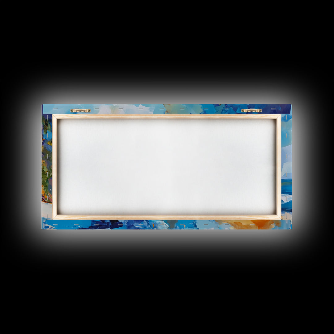 Coastal Mansion, Palm Trees, Panoramic Art, Framed Canvas Print, Coastal Landscape Art, Tropical Decor, Extra Wide Art, Living Room Art