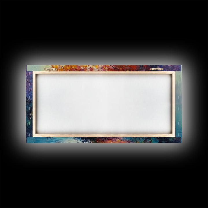 Autumn Lake Scene, landscape painting, fall wall art, framed canvas print, rustic decor, above sofa art, moody art, extra wide art