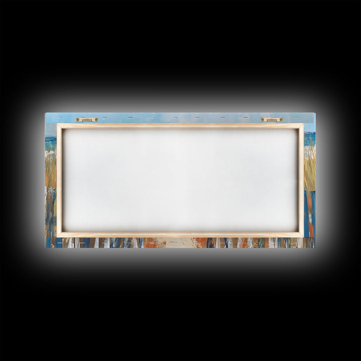 Beach Fence, coastal painting, framed canvas print, nautical decor, seascape painting, blue and green wall art, extra wide art