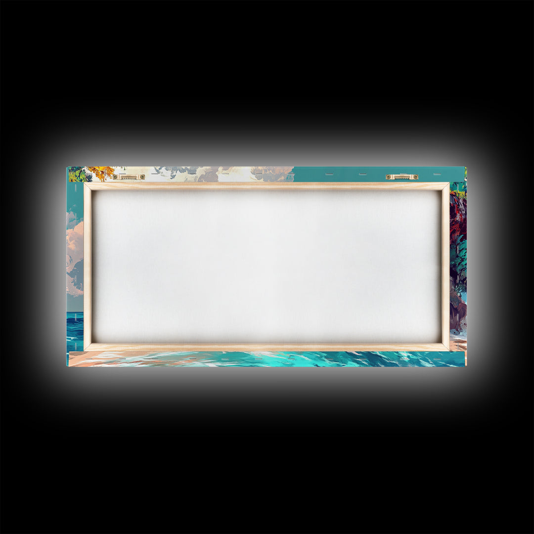 Rocky Cliff Beach, coastal landscape art, framed canvas print, seascape painting, nautical decor, extra wide art, above couch art