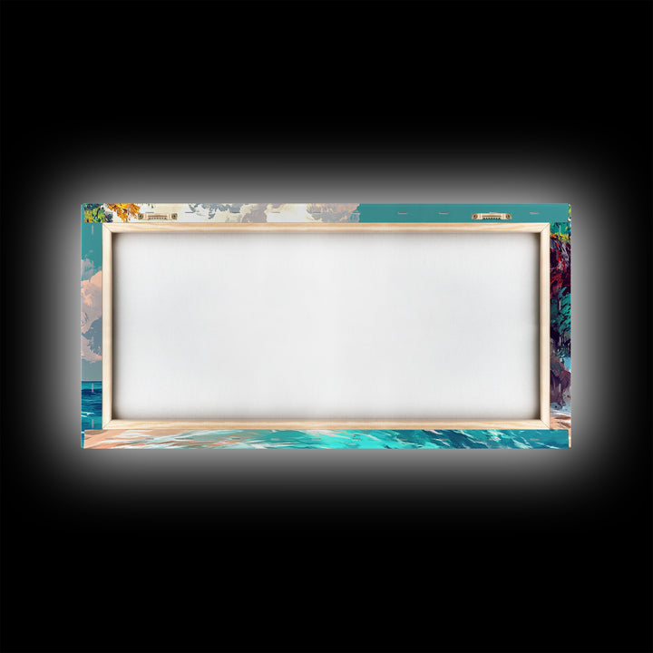 Rocky Cliff Beach, coastal landscape art, framed canvas print, seascape painting, nautical decor, extra wide art, above couch art