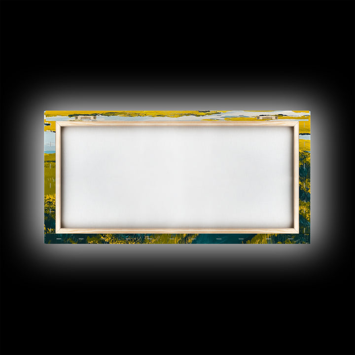 Marshland Landscape, marsh painting, landscape painting, above sofa art, extra wide art, panoramic art, Framed Canvas Print