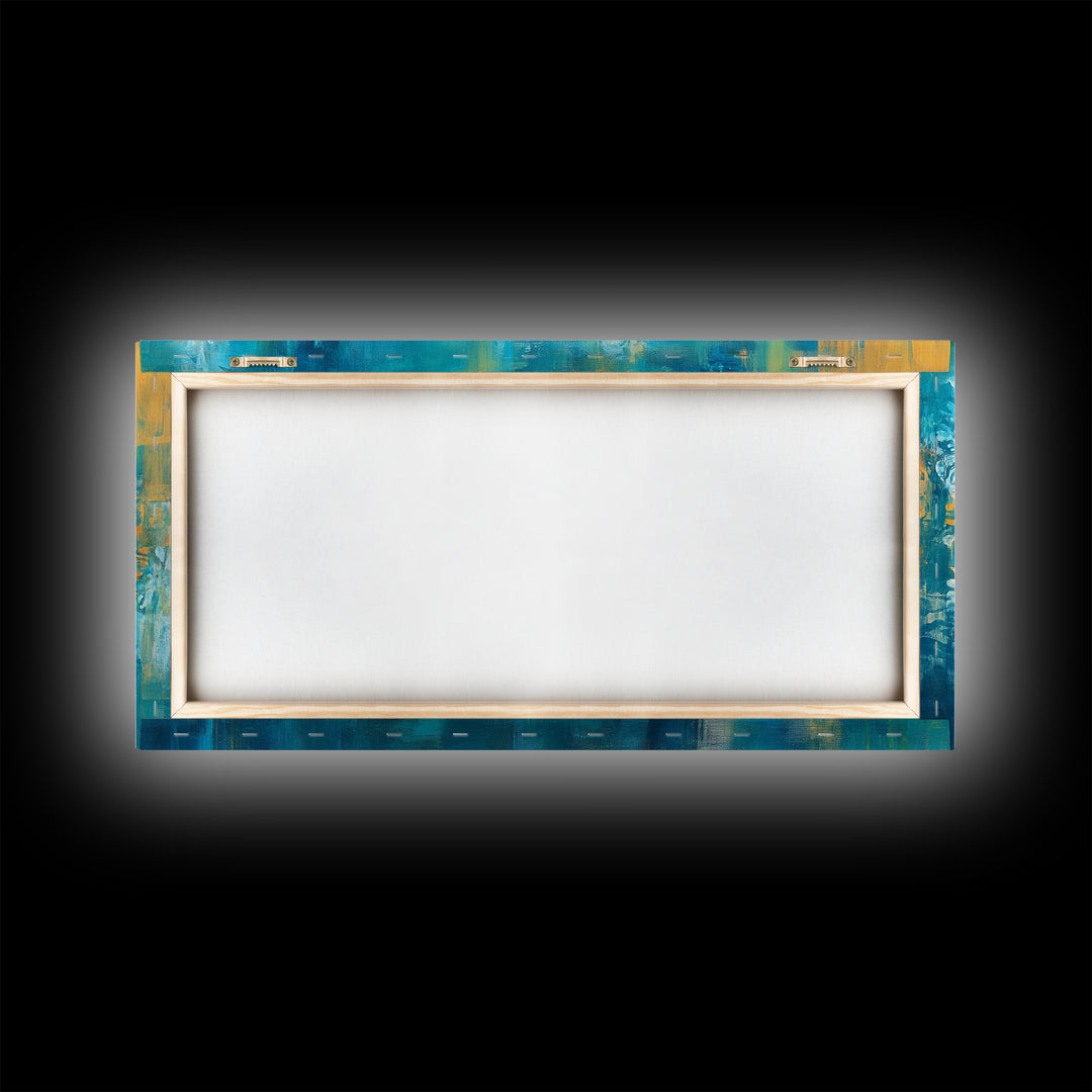 Abstract Floral, Botanical Prints, Coastal Landscape Art, Wabi Sabi Art, Framed Canvas Print, Extra Wide Art, Blue and Gold Wall Art