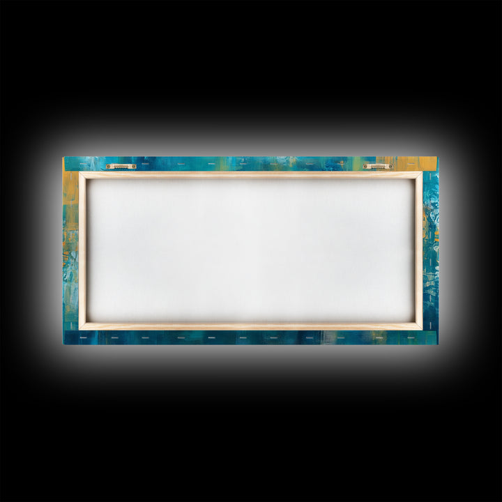 Abstract Floral, Botanical Prints, Coastal Landscape Art, Wabi Sabi Art, Framed Canvas Print, Extra Wide Art, Blue and Gold Wall Art