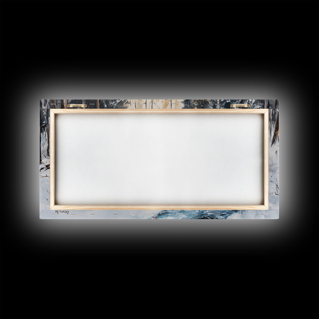 Birch Tree Painting, Snowy River Art, Winter Landscape, Framed Canvas Print, Farmhouse Art, Wabi Sabi Art, Tall Narrow Art