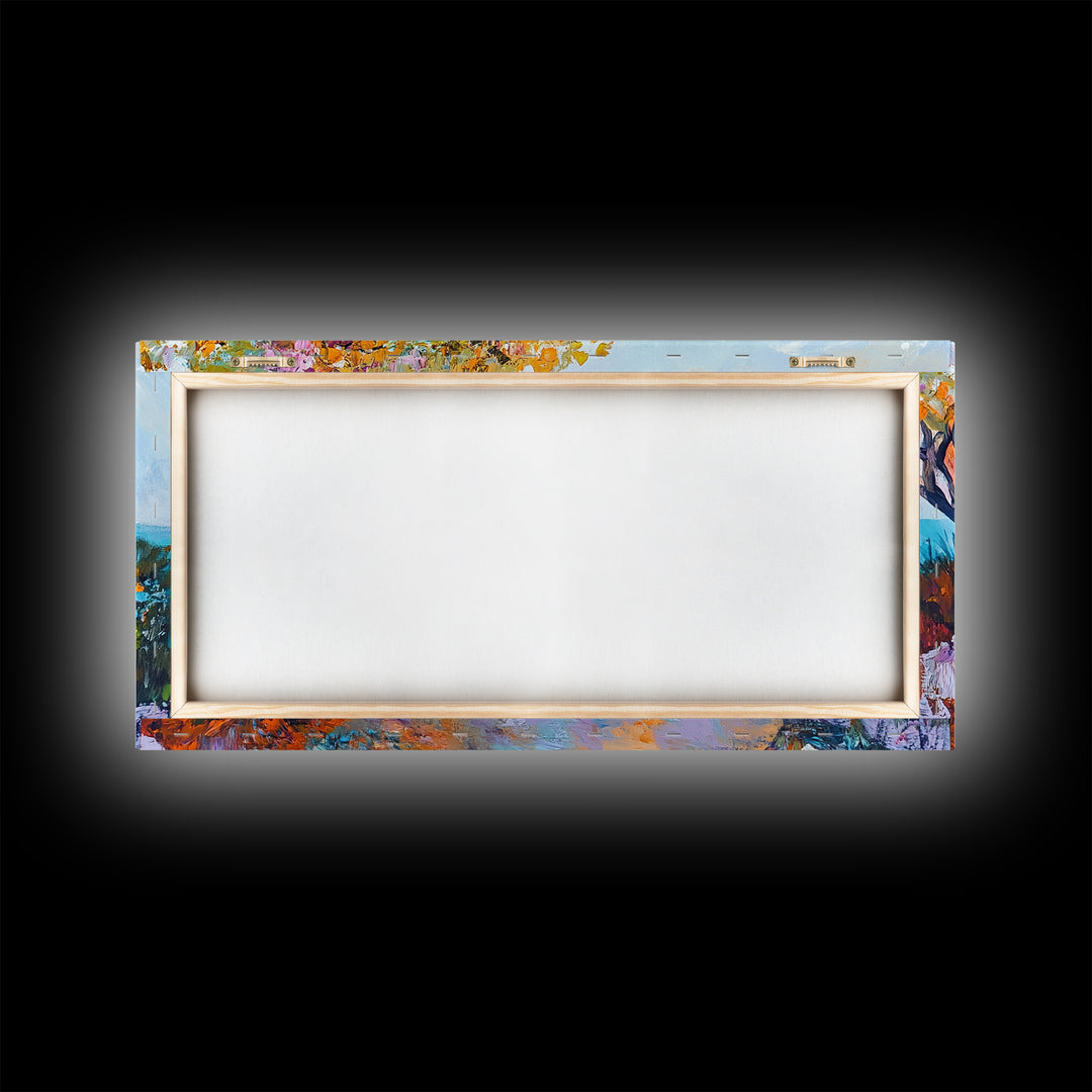 Bench, ocean view, autumn tree, Canvas Print, coastal landscape art, seascape painting, above bed wall art, extra wide art