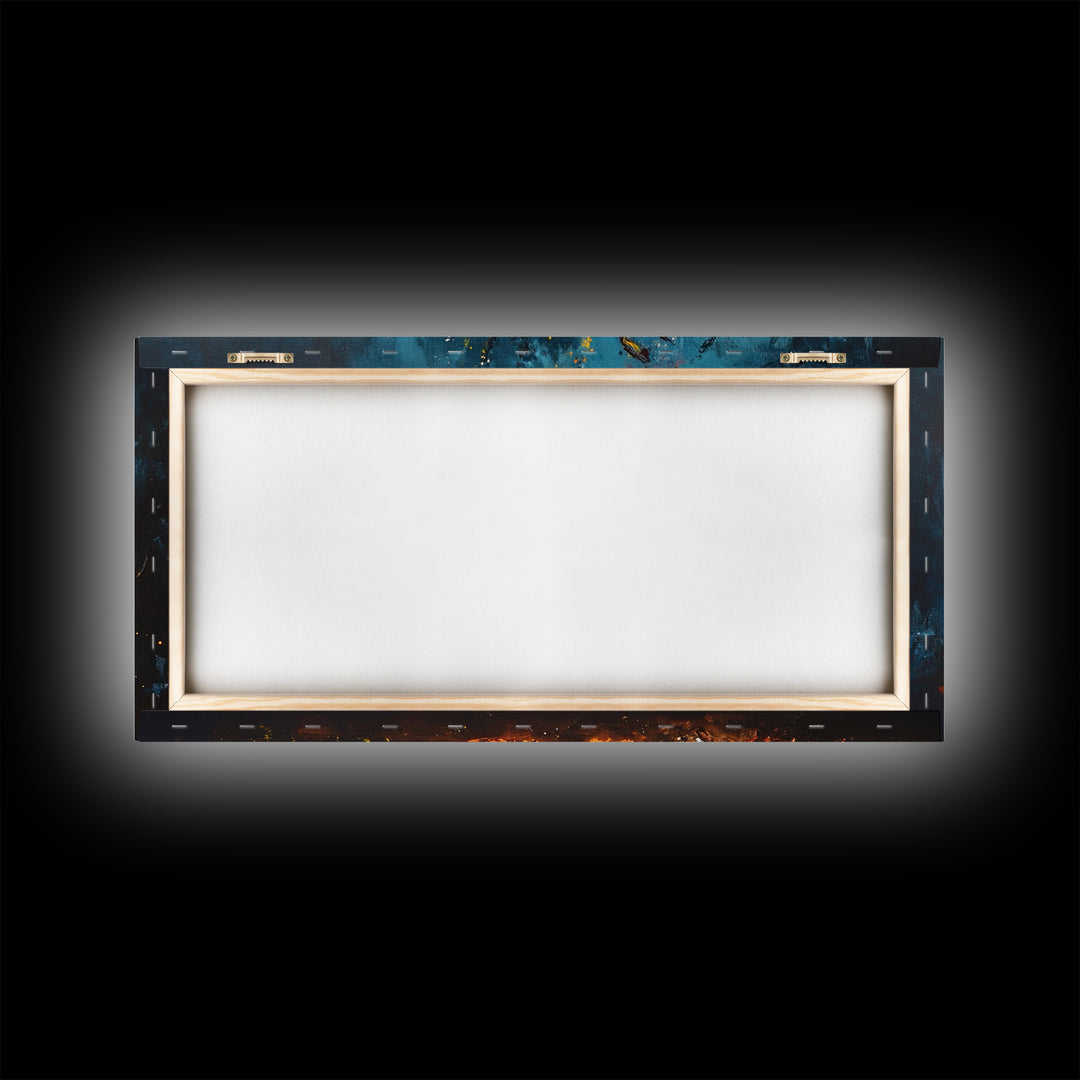 Abstract fire, moody art, geometric wall art, boho decor, flame painting, rustic wall art, extra wide art, framed canvas print, teal wall art