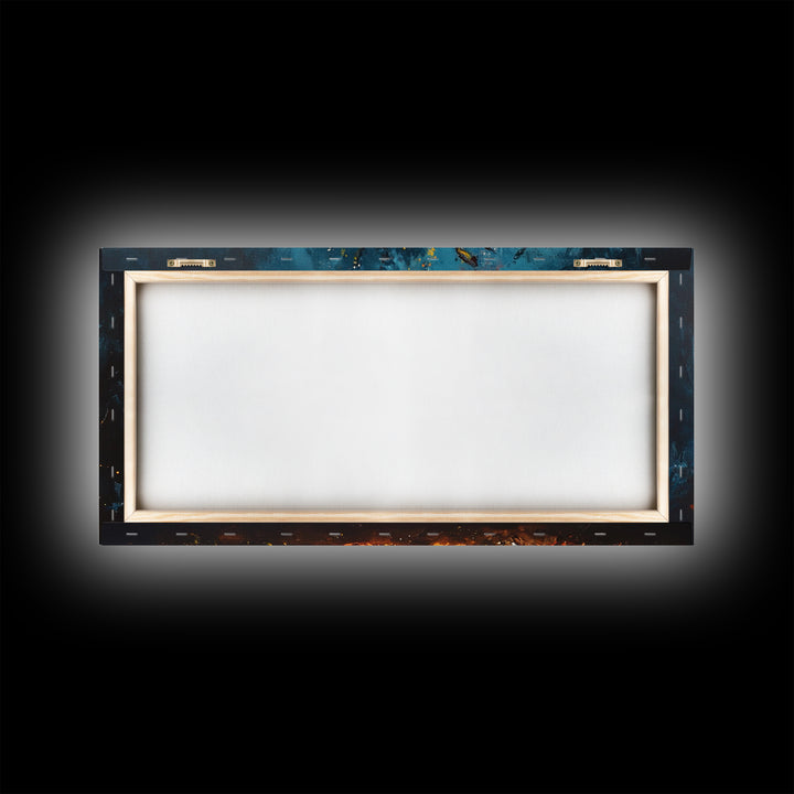 Abstract fire, moody art, geometric wall art, boho decor, flame painting, rustic wall art, extra wide art, framed canvas print, teal wall art